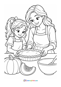 Mom and daughter baking pumpkin pie fall coloring page
