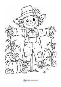 Scarecrow in a harvest field fall coloring page