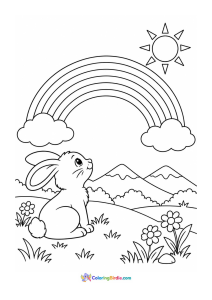 Bunny looking up at a rainbow coloring page
