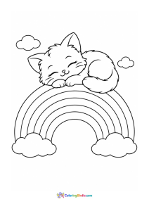Cat sleeping on a rainbow coloring page