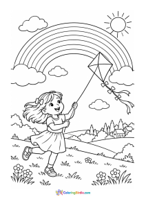 Child flying kite under the rainbow coloring page
