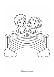 Children on a rainbow bridge coloring page
