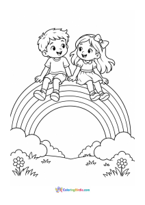 Children sitting on a rainbow coloring page