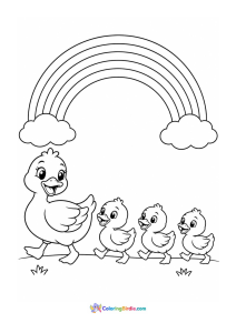 Duck family walking under a rainbow coloring page