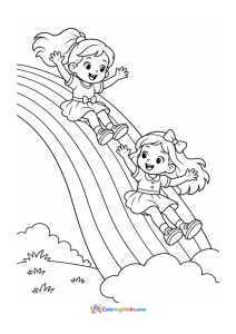 Friends sliding down a rainbow coloring page