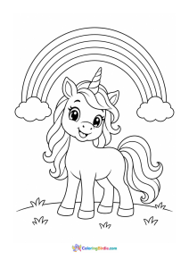 Unicorn standing under a rainbow coloring page