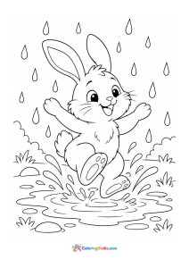 Bunny jumping in a puddle rainy day coloring page