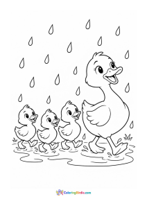 Duck family walking in rain coloring page