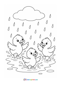 Ducklings splashing in puddle rainy day coloring page