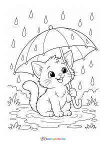 Kitten under an umbrella rainy day coloring page