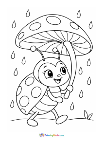 Ladybug holding mushroom umbrella rainy day coloring page