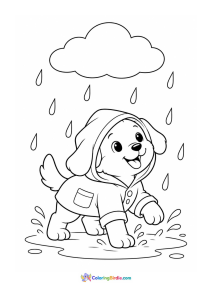 Puppy wearing raincoat rainy day coloring page