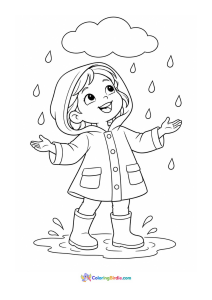 Child in raincoat looking up at rain coloring page