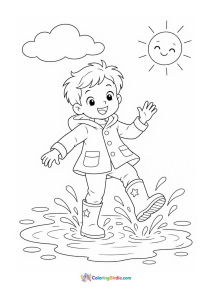 Child wearing boots jumping in a puddle rainy day coloring page