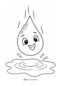 Happy raindrop splashing into puddle rainy day coloring page