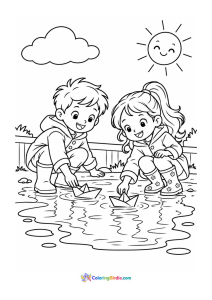 Kids floating paper boats rainy day coloring page