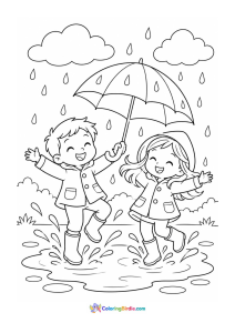 Kids jumping in a puddle rainy day coloring page