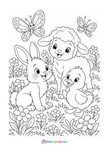 Baby animals enjoying spring coloring page