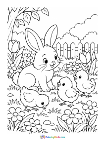 Bunny and chicks in garden spring coloring page