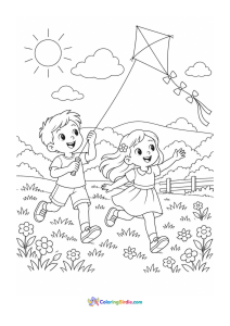 Children flying a kite spring coloring page