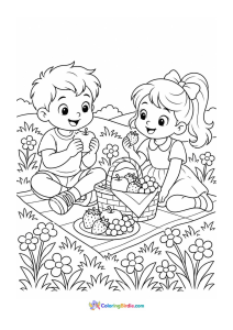 Children on picnic spring coloring page