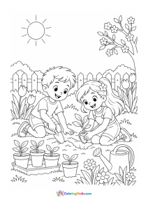 Children planting a spring garden coloring page