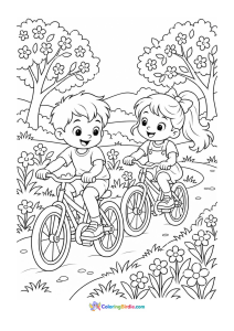 Children riding bicycles in spring coloring page
