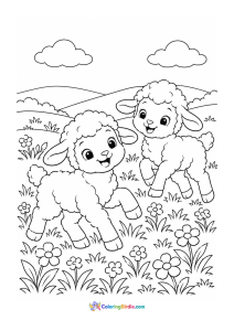 Cute lambs in a spring meadow coloring page