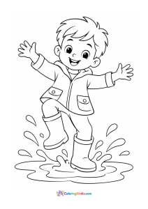 Boy jumping in spring puddle coloring page