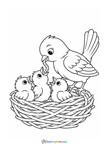 Mother bird feeding chicks in nest spring coloring page