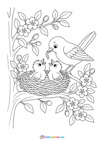 Bird feeding chicks in a nest spring coloring page