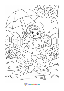 Child jumping in spring puddles coloring page