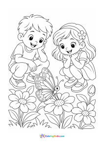 Children watching a butterfly spring coloring page