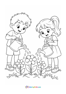Children watering flowers spring coloring page