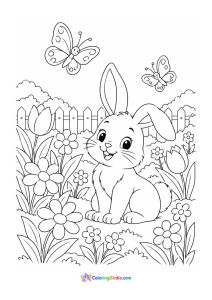 Cute bunny among spring flowers spring coloring page