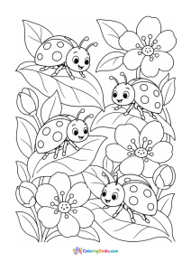 Ladybugs on spring leaves coloring page