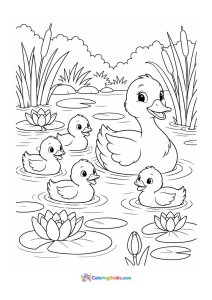 Mother duck with baby ducks at a pond spring coloring page