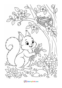 Squirrel gathering twigs spring coloring page