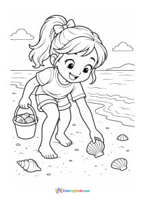 Child collecting seashells on the beach summer coloring page