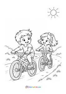 Children enjoying cycling summer coloring page