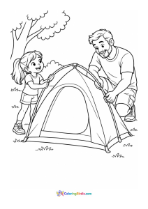 Dad and daughter setting up a tent summer coloring page