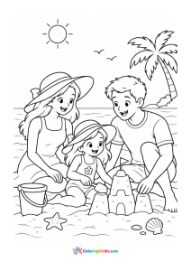 Family enjoying the beach summer coloring page
