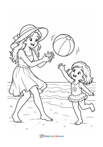 Girl playing beach ball with mom summer coloring page