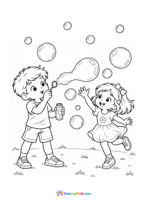 Kids blowing giant bubbles summer coloring page
