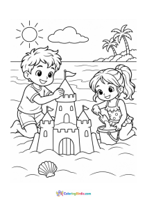 Kids building a sandcastle on the beach summer coloring page