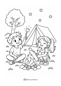 Kids camping and roasting marshmallows summer coloring page