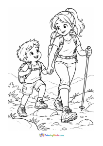 Mom and son hiking summer coloring page