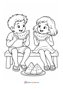 Friends eating watermelon summer coloring page