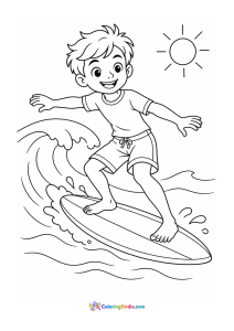Boy surfing summer coloring page