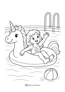Child floating on a fun pool float summer coloring page
